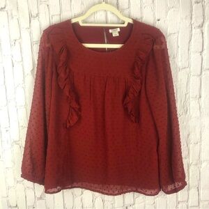 J.Crew red clip dot long sleeve ruffle front blouse size 12